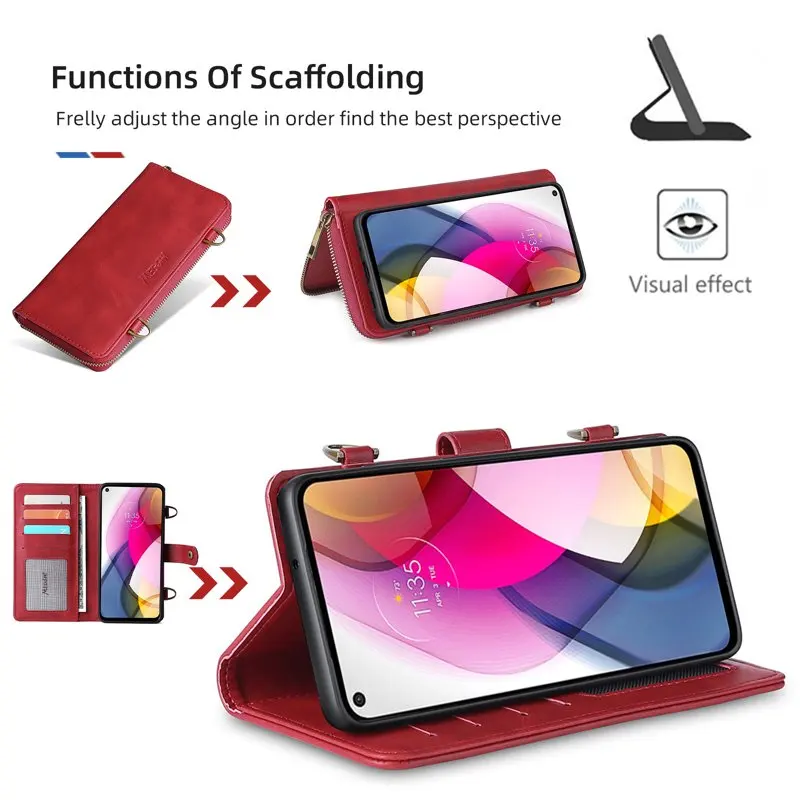 Moto G Stylus 5G 2021 Case, Premium  Flip Zipper Detachable Magnet Wallet Stand Card Holder Case with Crossbody Lanyard Strap Zi