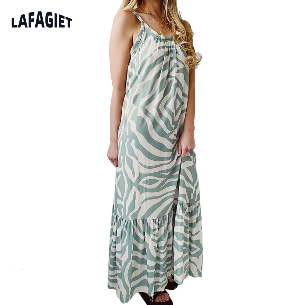 

Summer Long Dress For Women Floral Printed Clothes Strap Hollow Out Sheath Ladies Long Dress Causal Loose Sling Dress Vestidos