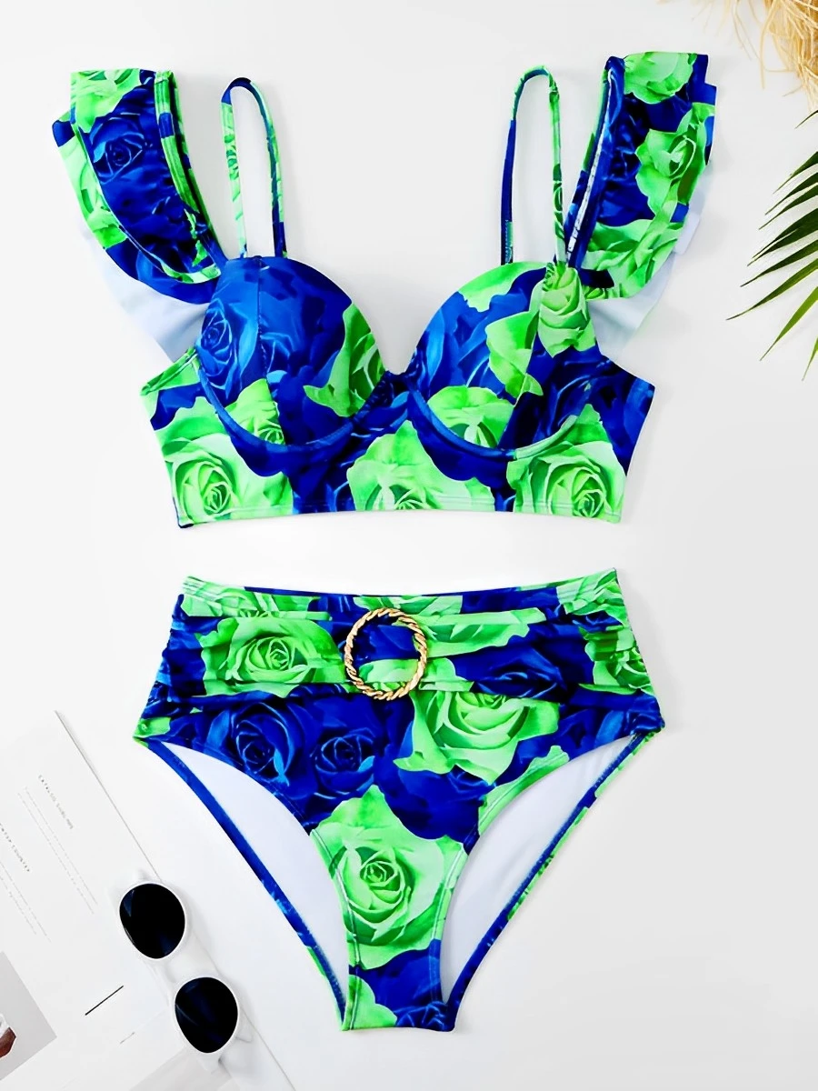 Бикини пуш-ап женское с цветочным принтом купальник из двух предметов мягкими