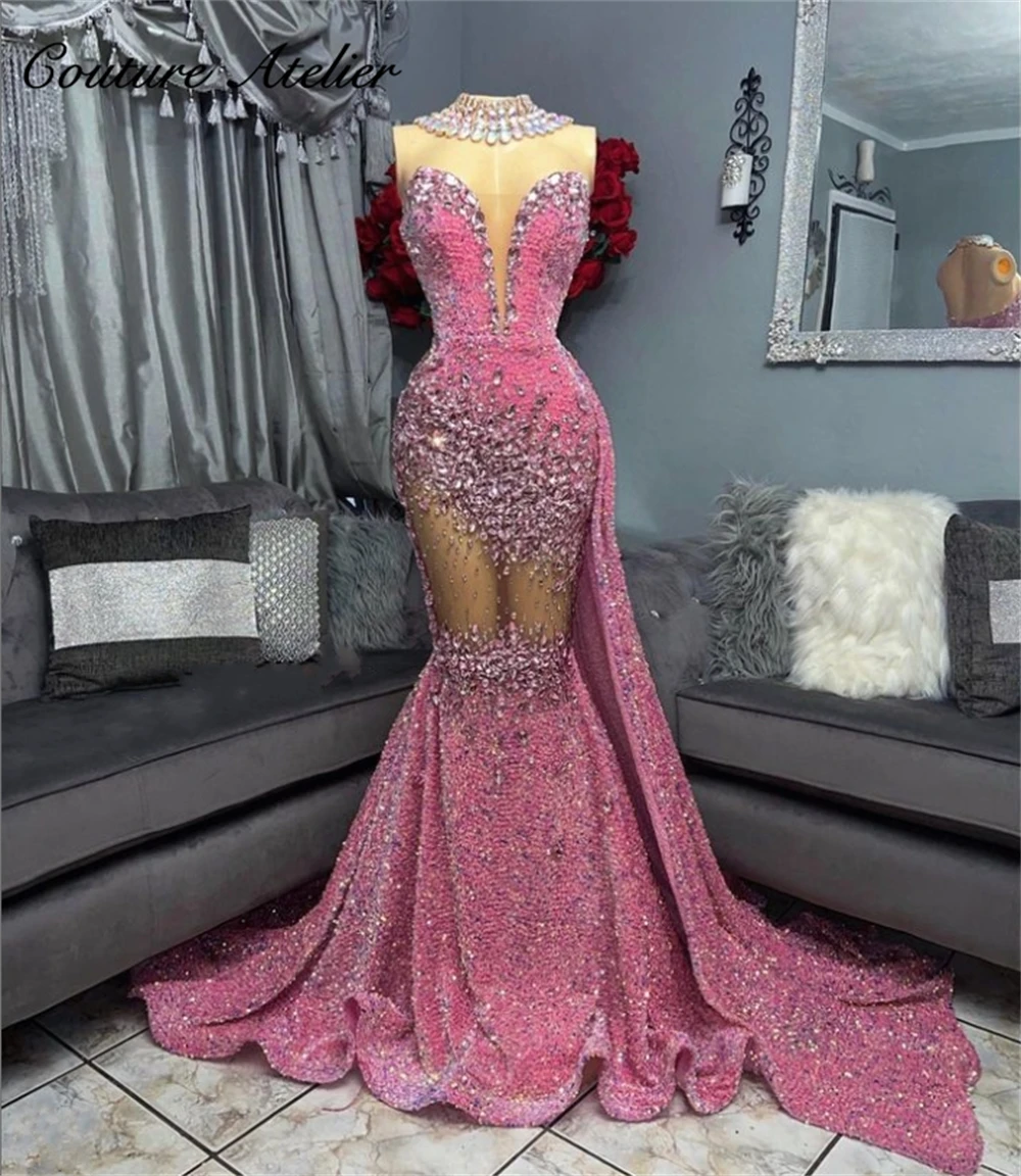 

Женское платье-Русалка для выпускного вечера, розовое платье с камнями и блестками, роскошное черное платье для девушек, для торжественных случаев, коктейльное платье, халат, 2023