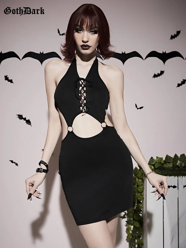 

Goth Dark Lace Up Gothic Night Sexy Hollow Out Dresses For Women Grunge Backless Bodyocn Partywear Punk Black Club Halter Dress