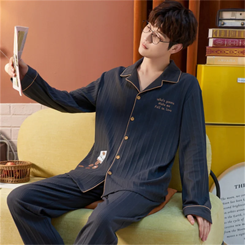Pajamas Set Casual Cotton Sleepwear For Men Black Elastic Soft Shirt Pyjama Men's Autumn Fashion Homewear Clothes Big Size