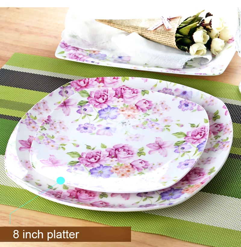 

2pcs/lot, Bone China Dinner Plate Sets, Servies Set for Dinner, Floral Porcelain Wedding Plates, Square Dessert Plate, Tableware