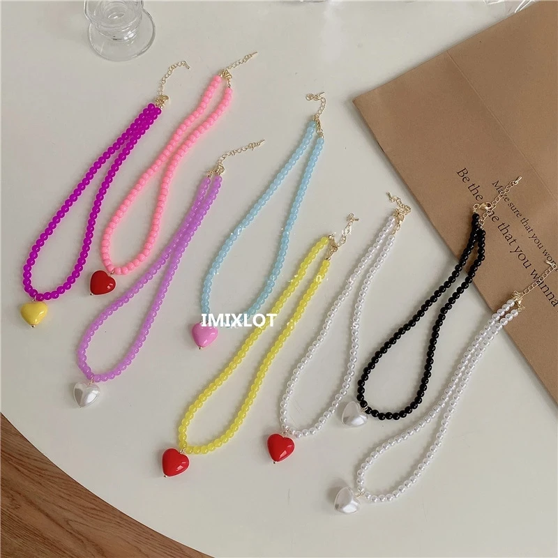 

New Korean Fashion Cute Pink Love Heart Pendant Beaded Chain Necklace For Women Bff Vintage Aesthetic Jewelry EMO Y2K Accessorie