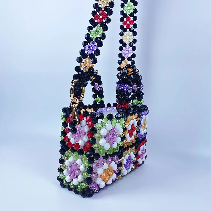 Colorful Acrylic Beaded Handbag Ethnic Style Hand-woven Contrast   Plaid Square Bag Chain Crossbody Bag Knitting Shopper Purses