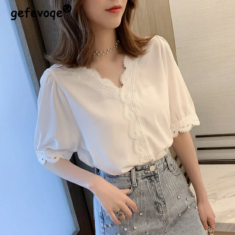 2022 Summer Elegant Fashion Blouses Tops Women Casual V Neck White Lace Patchwork Loose Shirts Female Short Sleeve Chic Blouse
