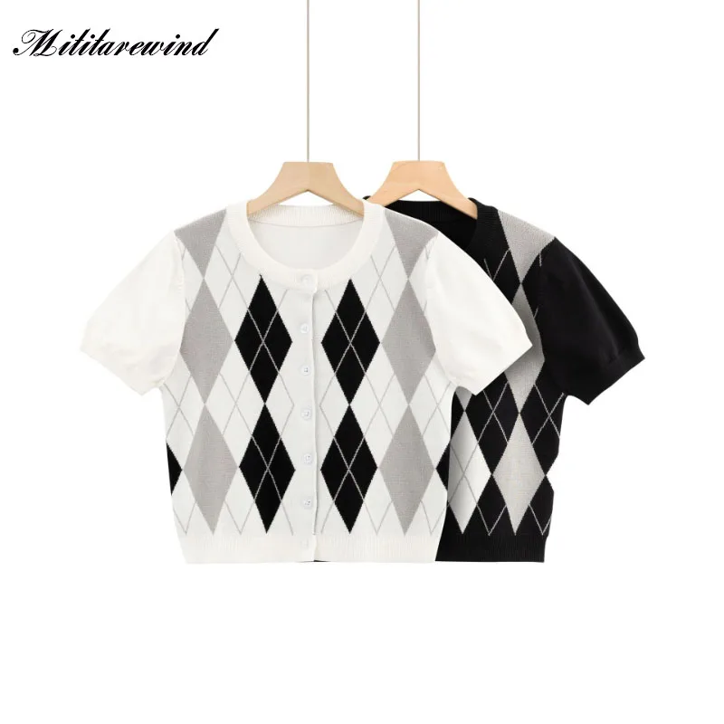 

British Style Retro Rhombus Short-sleeved Knitted Sweater College Style Refreshing Top 2023 Summer Girly Round Neck Cardigan