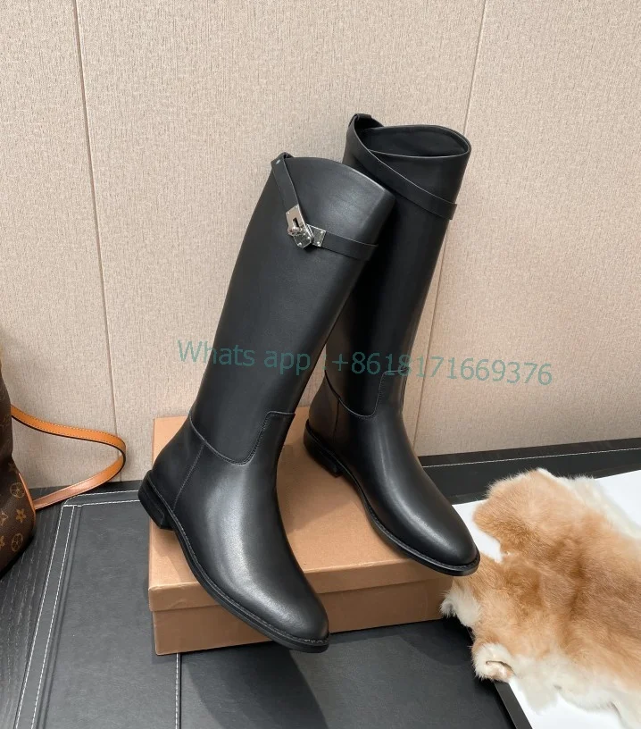 

Lady Black Leather Round Toe Flats Knee High Boots Fashion Buckle Nude Knight Boots Women Autumn Dress Shoes zapatillas mujer