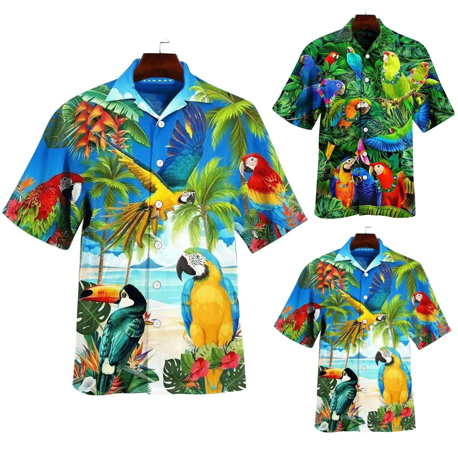 

2022 Summer Men's Short Sleeve Hawaiian Shirt Animal Parrot Print Patchwork Turn-down Collar Streetwear Fashion Chic Beach Summe