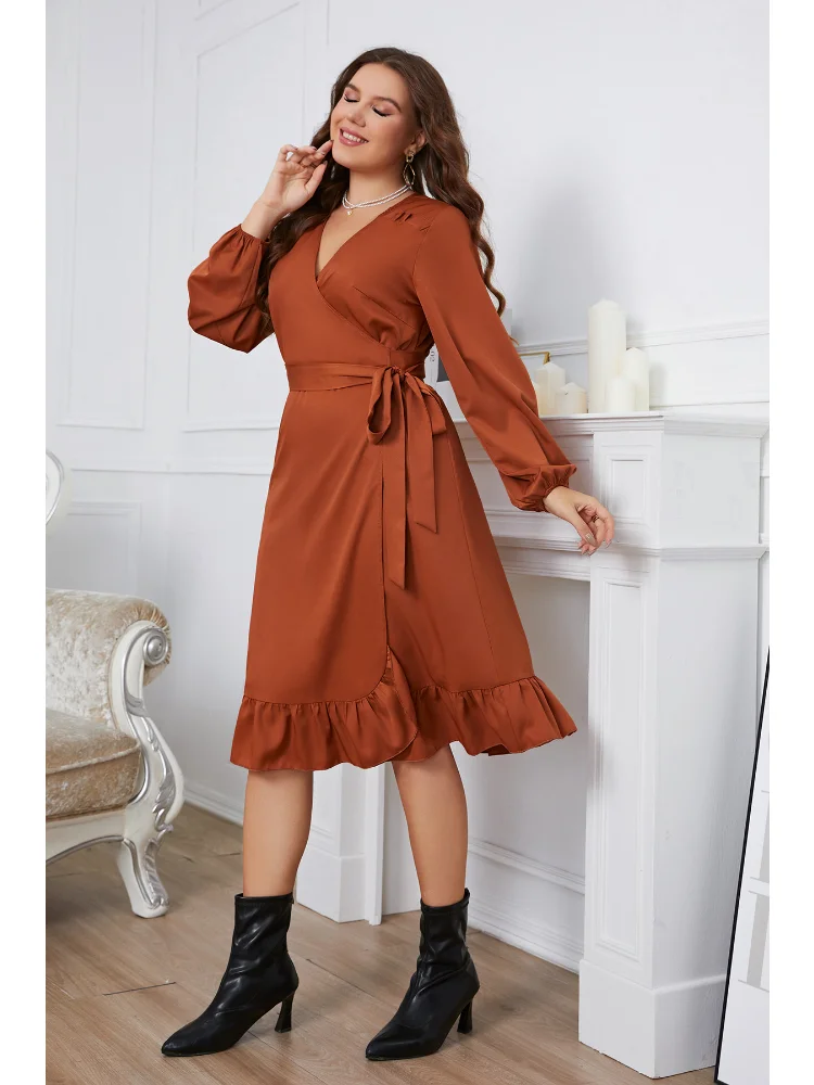 Long Sleeve Large One Piece Waist Wrap Dress plus size women clothing  vestido feminino v neck dress