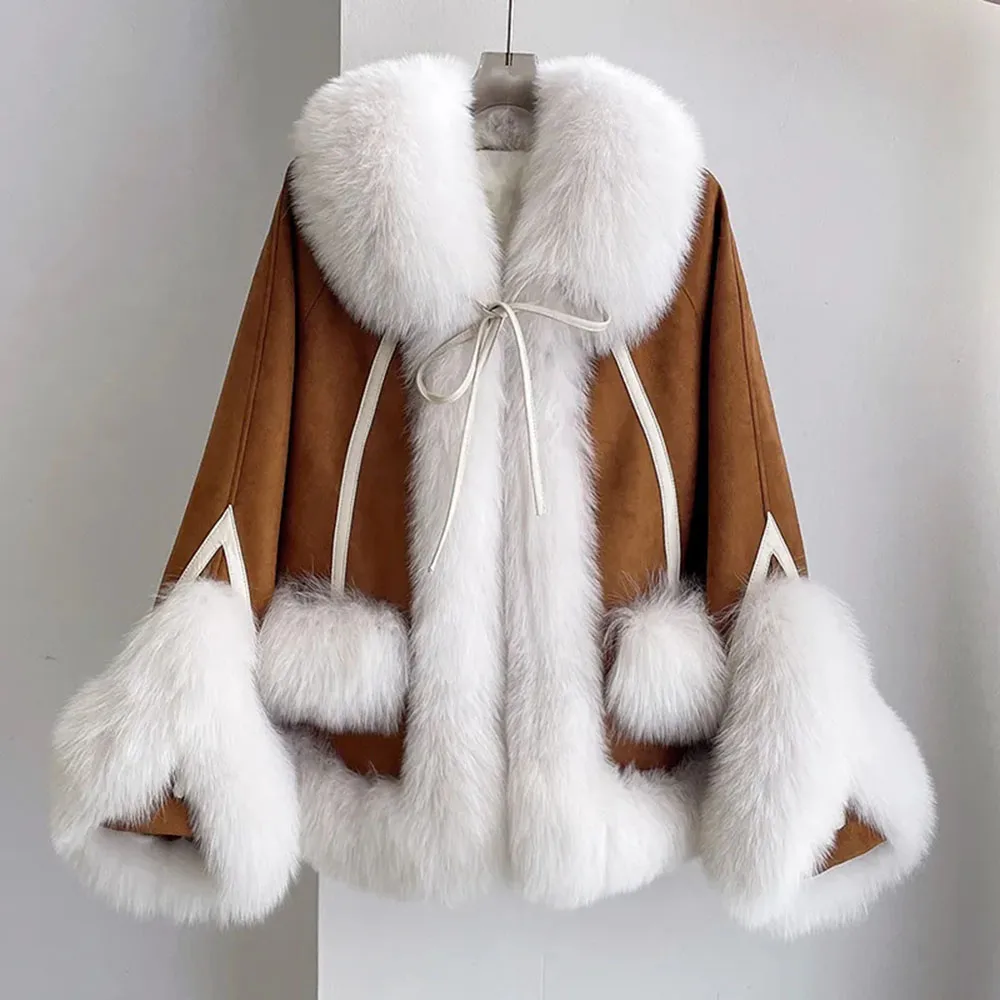 

High Quality Deerskin Suede Coats Woman Winter 2022 Faux Fox Fur Stitching Lace-up Thicken Warm Women Jackets Parkar Female