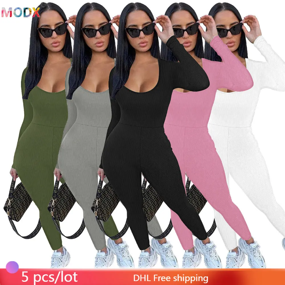 

5 PCS Wholesale Women Jumpsuits Sexy Solid Long Sleeve Lady Romper Pants Casual Elastic Ribbed U Collar One-piece Bodysuits 8703