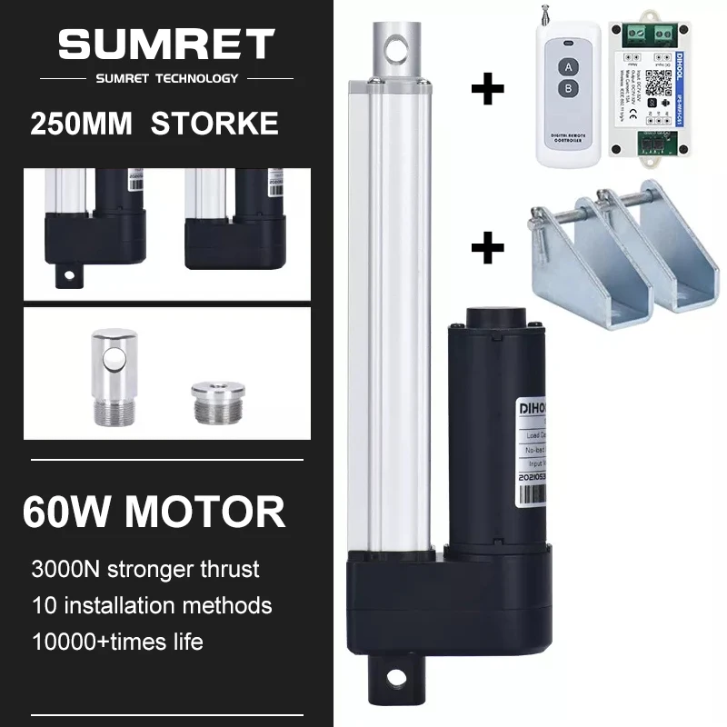 250MM Stroke Linear Actuators Kit RF Wifi Controller Bracket For Medical Devices DC 12V 24 Volt Heavy Duty 3000N High Speed