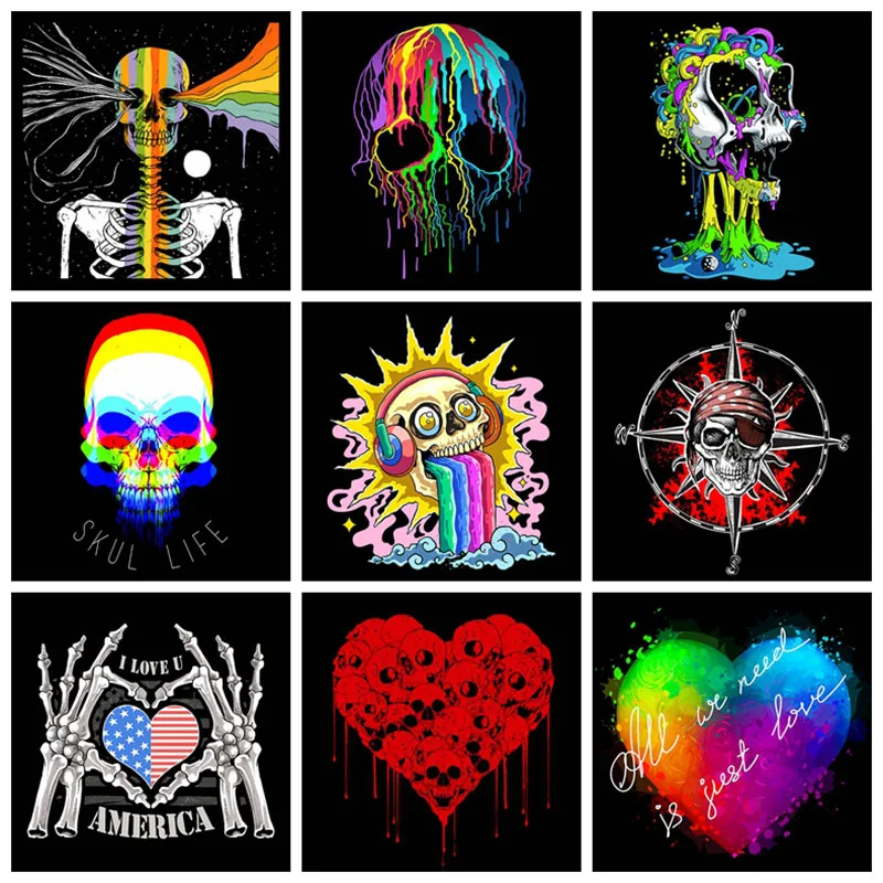 

Multicolor Skull Heat Transfer Patch Skeleton Iron On Transfers T Shirt Thermo Stickers For Clothing Patches Applique Stripes