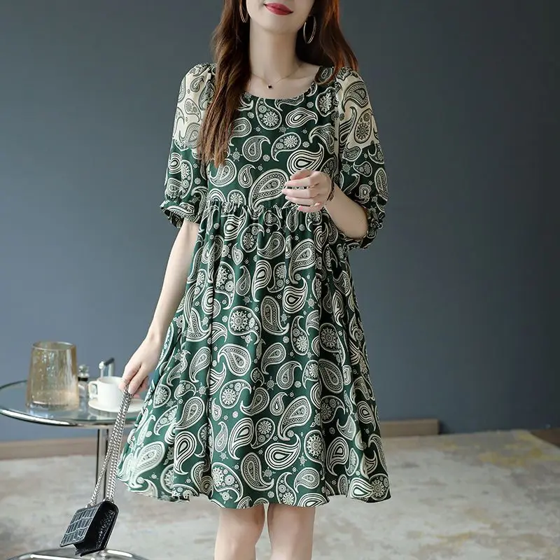 

2023 New Summer Women Fashion Casual Vintage Short Sleeve Print Dress Korean O-neck High Waist Loose Vestido Clothing X130