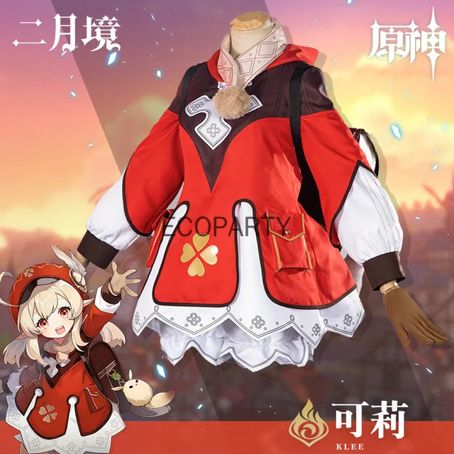

15 DROP SHIP Game Genshin Impact Cosplay Klee Cosplay Costume Wig with Hat Full Set Cute Loli Dress Klee Wig Hair Backpack