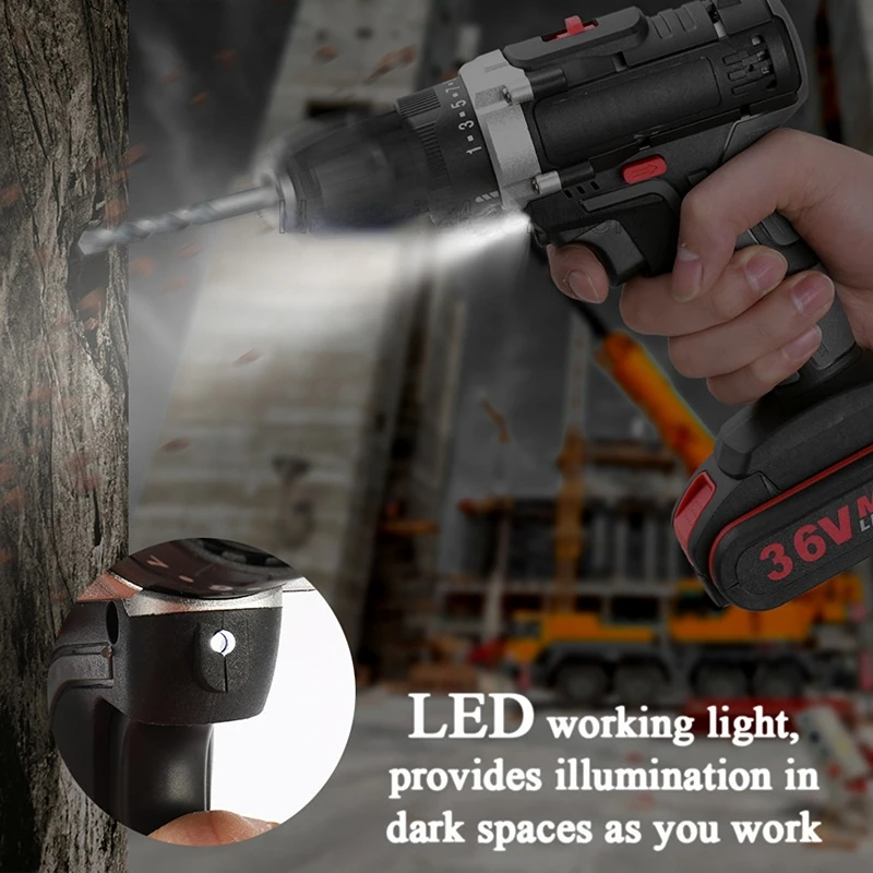 36V 1000W Electric Impact Drill 2 in 1 Electric Cordless Lithium-Ion Battery Mini Electric Power Screwdriver 2 Speed Power Tools 2