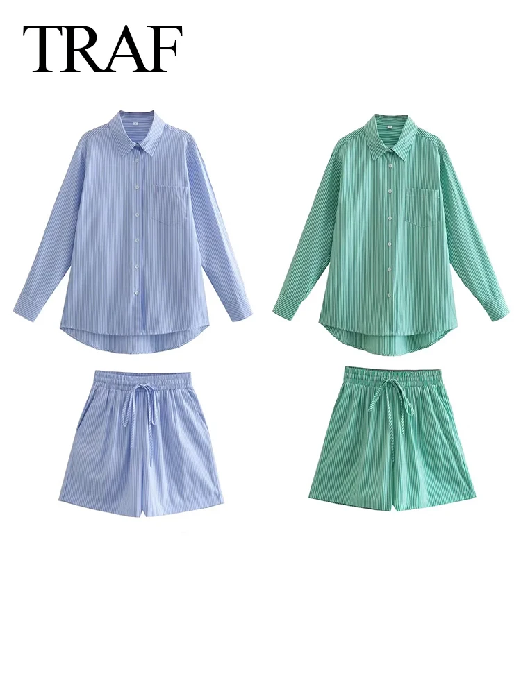 

Костюм-рубашка TRAF ZA в полоску, удобная милая блузка и эластичные шорты с кулиской, Женская Офисная повседневная одежда
