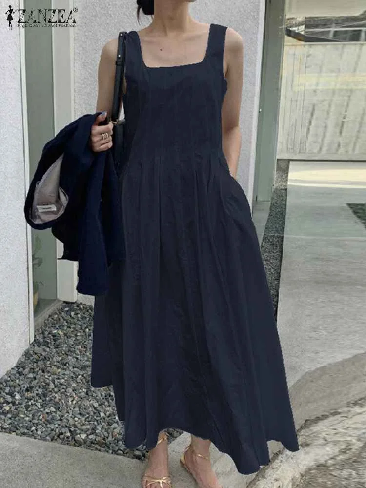

Elegant Women Square Neck Party Holiday Sundress 2024 ZANZEA Summer Sleeveless Long Dress Robe Femme Casual Pleated Vestidos