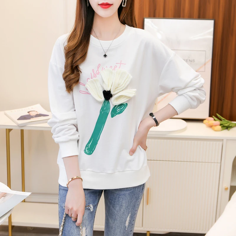 Купи Loose Casual Cotton Flower T Shirt Women Clothes 2022 Spring Autumn Ladies Shirt Tops White Long Sleeve Tees Tshirt Top Mujer за 1,052 рублей в магазине AliExpress