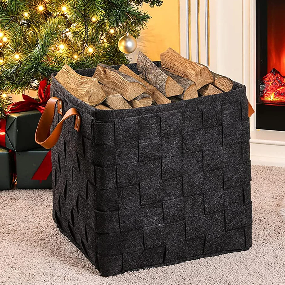 

Мешок для переноски древесины, прямоугольные контейнеры для хранения из войлока с прочными ручками, складная корзина для хранения древесин...