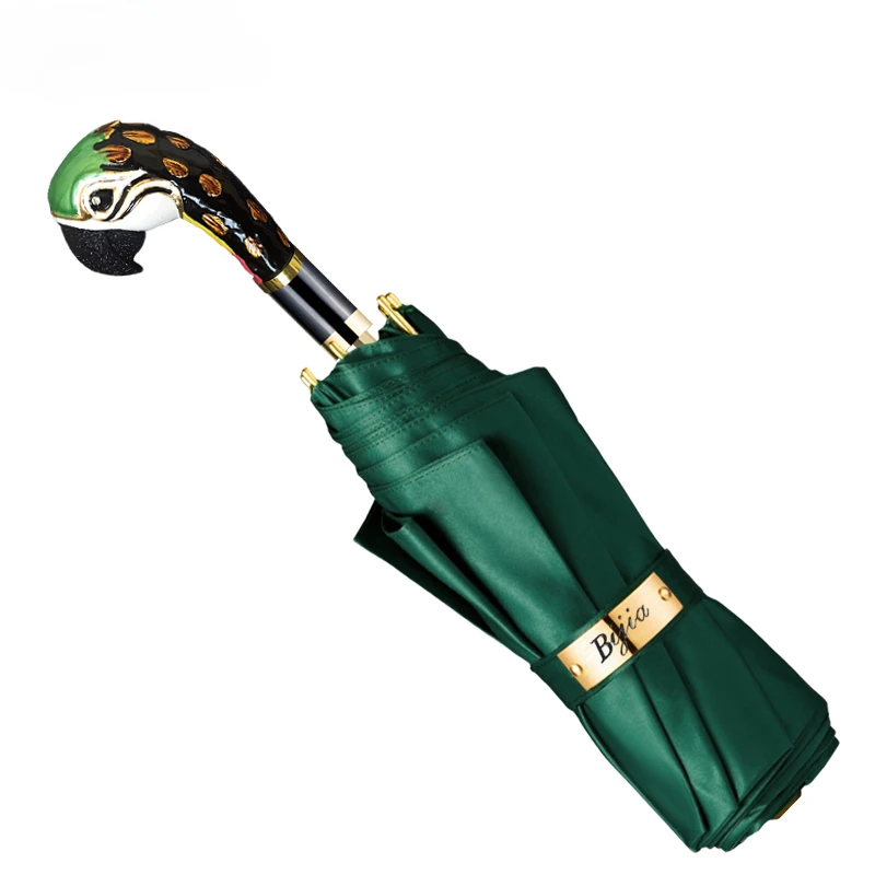 

Зеленый трехскладной зонт с ручкой попугай