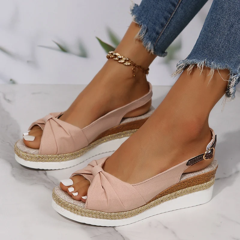 

Wedge Heels Sandals for Women Fashion Buckle Lightweight Slides 2022 Summer Butterfly-knot Open Toe Flats Ladies Platform Shoes