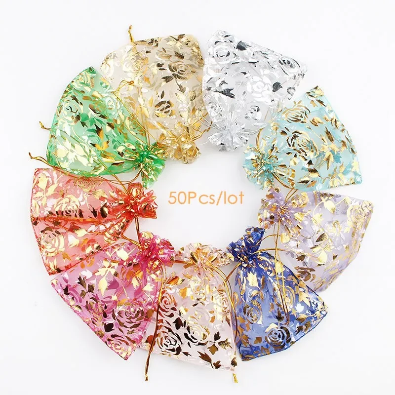 

Wholesale 50pc/lot 9X12cm Gold Rose Color Christmas Bags Wedding Drawable Organza Voile Gift Packaging Bags Cheap Pouches Bags