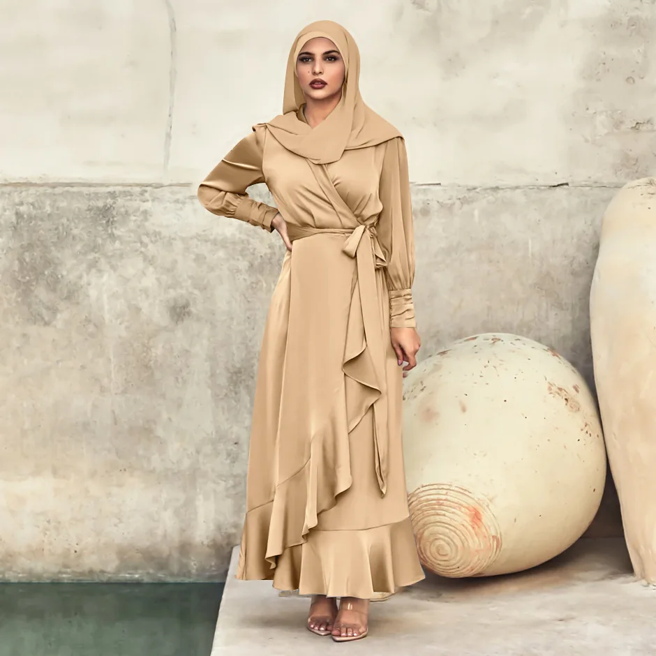 Кафтан абайя, Дубай, рукава с оборками, Турция, сатин, Абая для женщин, мусульманское платье, хиджаб, ислам, одежда, кафтан, халат, Longue