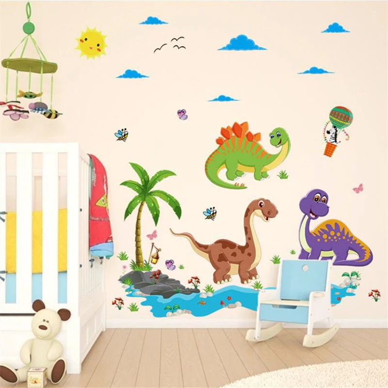 

New Cartoon Dinosaur Paradise Beach Hot Air Balloon Wall Stickers Kids Room Living Room Bedroom Decoration Painting Wall Decor