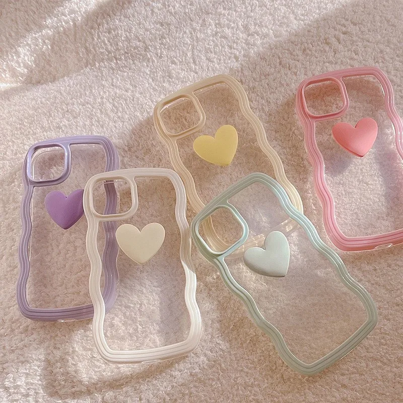 Wave Edged Transparent Silicone Phone Case Suitable For iPhone 14 13 12 11 Pro Max XS X XR 8 7 Plus3D Heart Shaped Candy Color