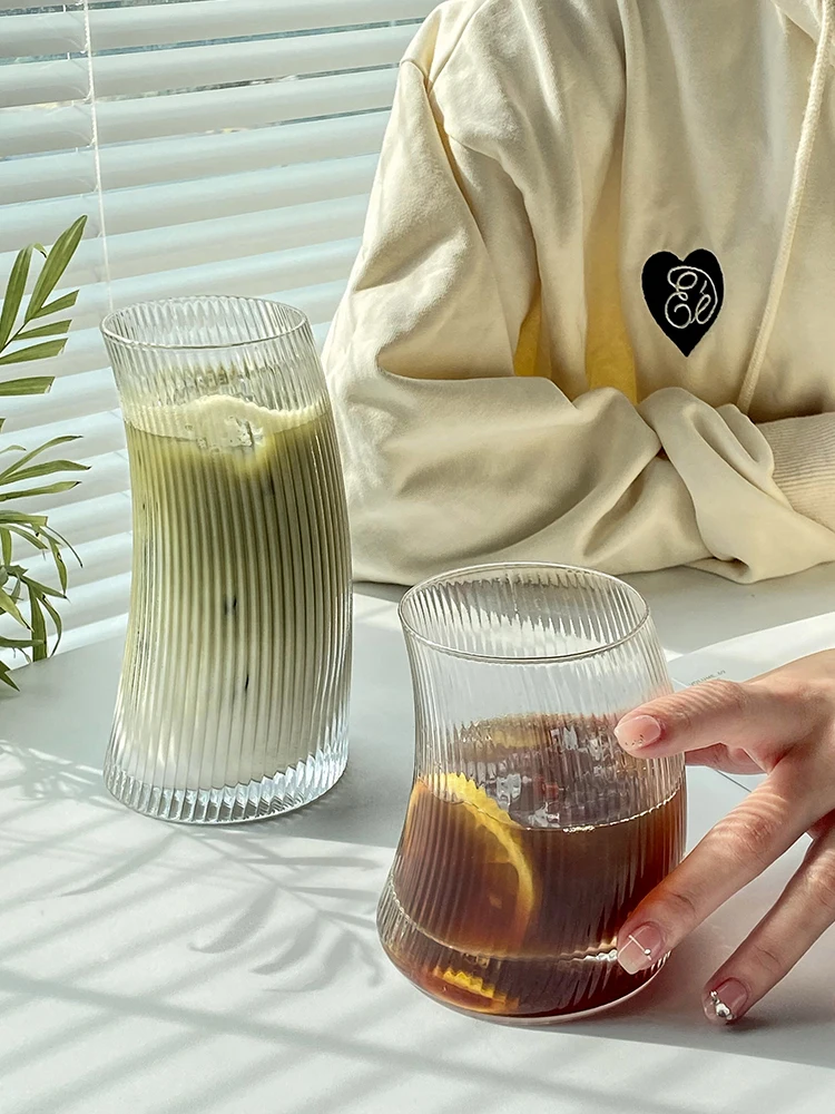 

Creative Striped Water Cup Tilted Glass Juice Coffee Milk Cup Fruit Cold Drink Juice Cup Home Tea Cup Summer Drinking Water Cup