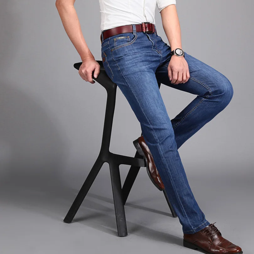 Эластичные джинсы мужские однотонные прямые деловые повседневные джинсовые