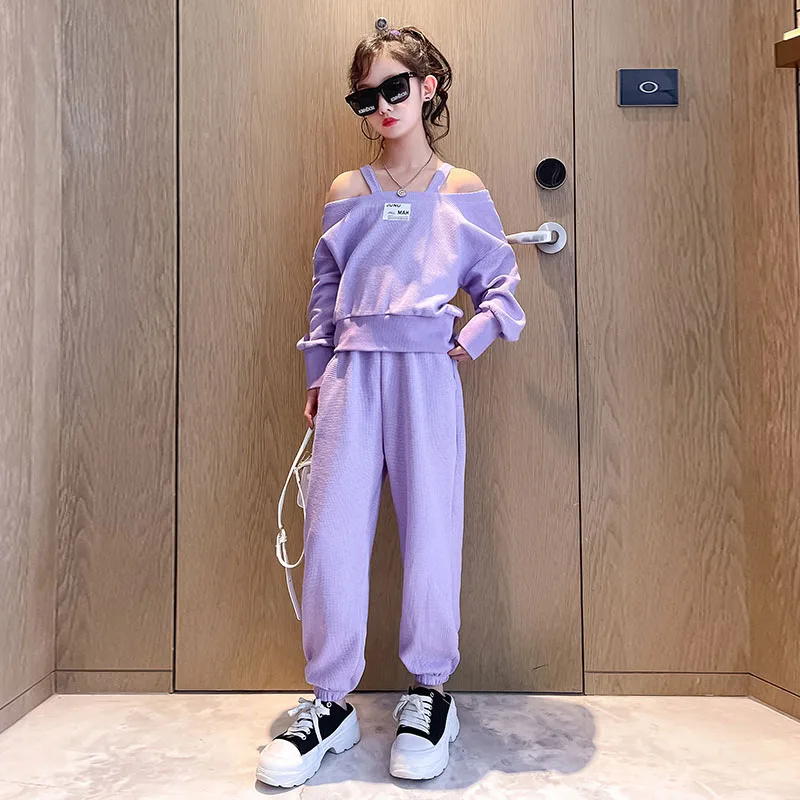 

Girls Clothes Sets Kids 2022 Fashion Children Spring Style Cotton Girl long sleeve off should Sweatsuits Tops Casual Pants Suits