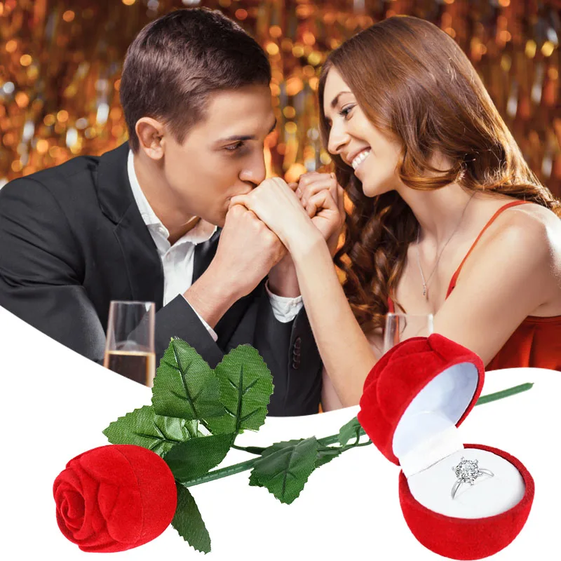

Romantic Rose Flower with Rod Ring Box Personalized Velvet Engagement Wedding Ring Jewelry Display Gift Box Packing Jewelry Case