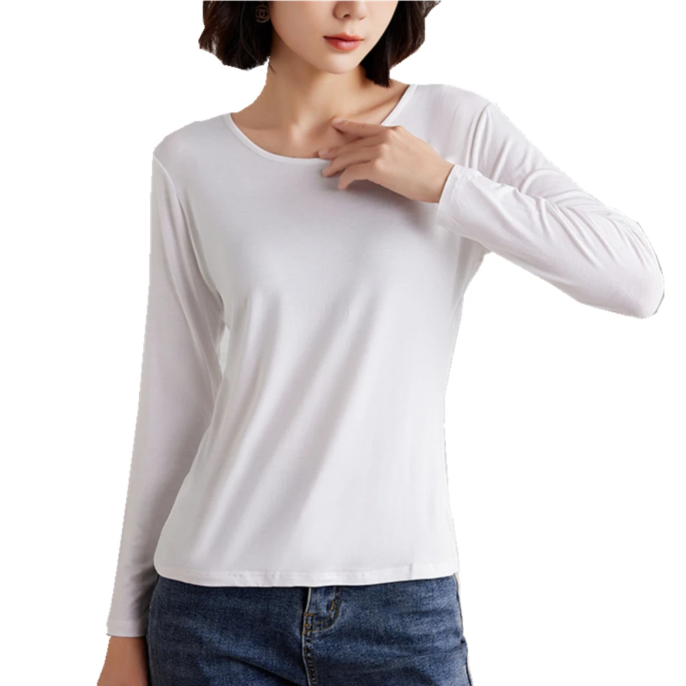 

Однотонная Базовая футболка из модала с круглым вырезом и длинными рукавами, Женская Осенняя футболка, Топы, подходящая ко всему футболка, женское нижнее белье