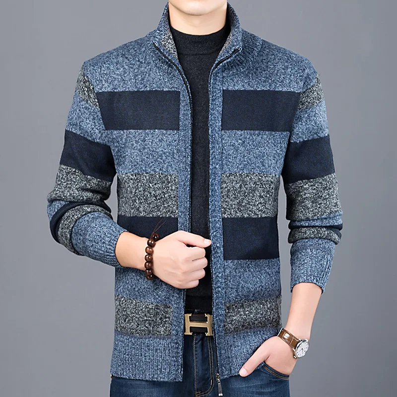 Middle-aged and Elderly Men's Color-blocking High-necked Plus Fleece Sweater Loose Coat Casual Long-sleeved Sweater Cardigan