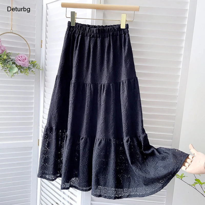 

Женская плиссированная юбка средней длины, элегантная многослойная Жаккардовая юбка-трапеция с цветочным кружевом и высокой талией, модел...