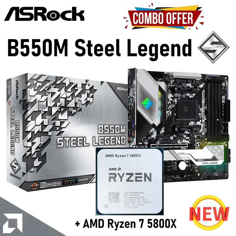 

AMD Ryzen 7 5800X + Socket AM4 ASRock B550M Steel Legend B550 Motherboard Combo DDR4 128GB CrossFireX M.2 PCIe 4.0 Micro-ATX New