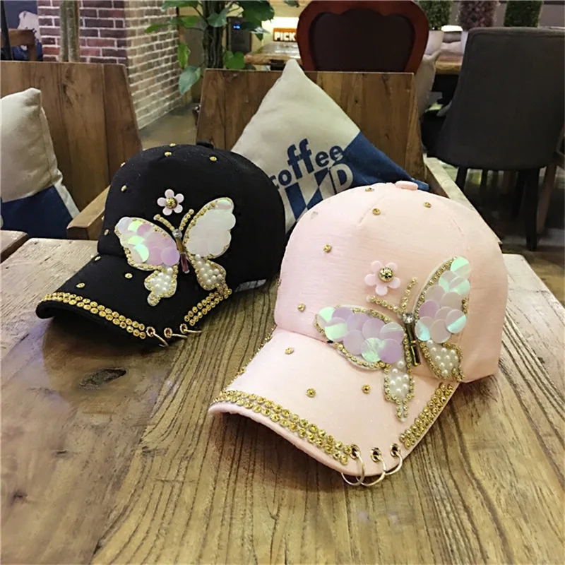 

Hat Female Summer Korean Butterfly Diamond Baseball Cap Outdoor Lady Sun Visor Cap Metal Three Ring Sun Hat