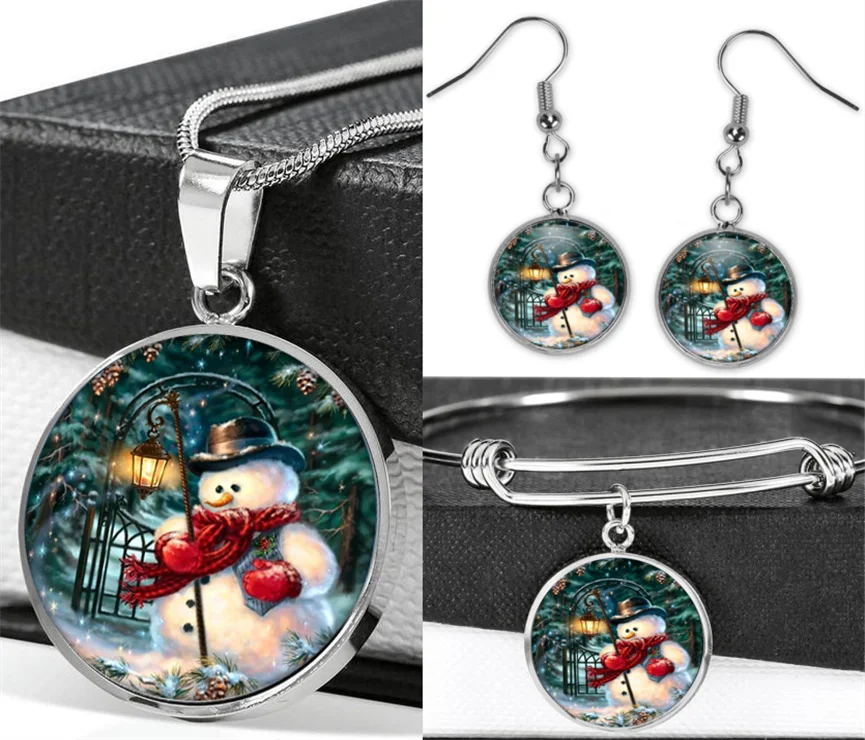 

Christmas Snowman Necklace Earrings Stainless Steel Adjustable Bracelet Bangle Jewelry Sets（Totally 4Pcs) Fashion Jewelry