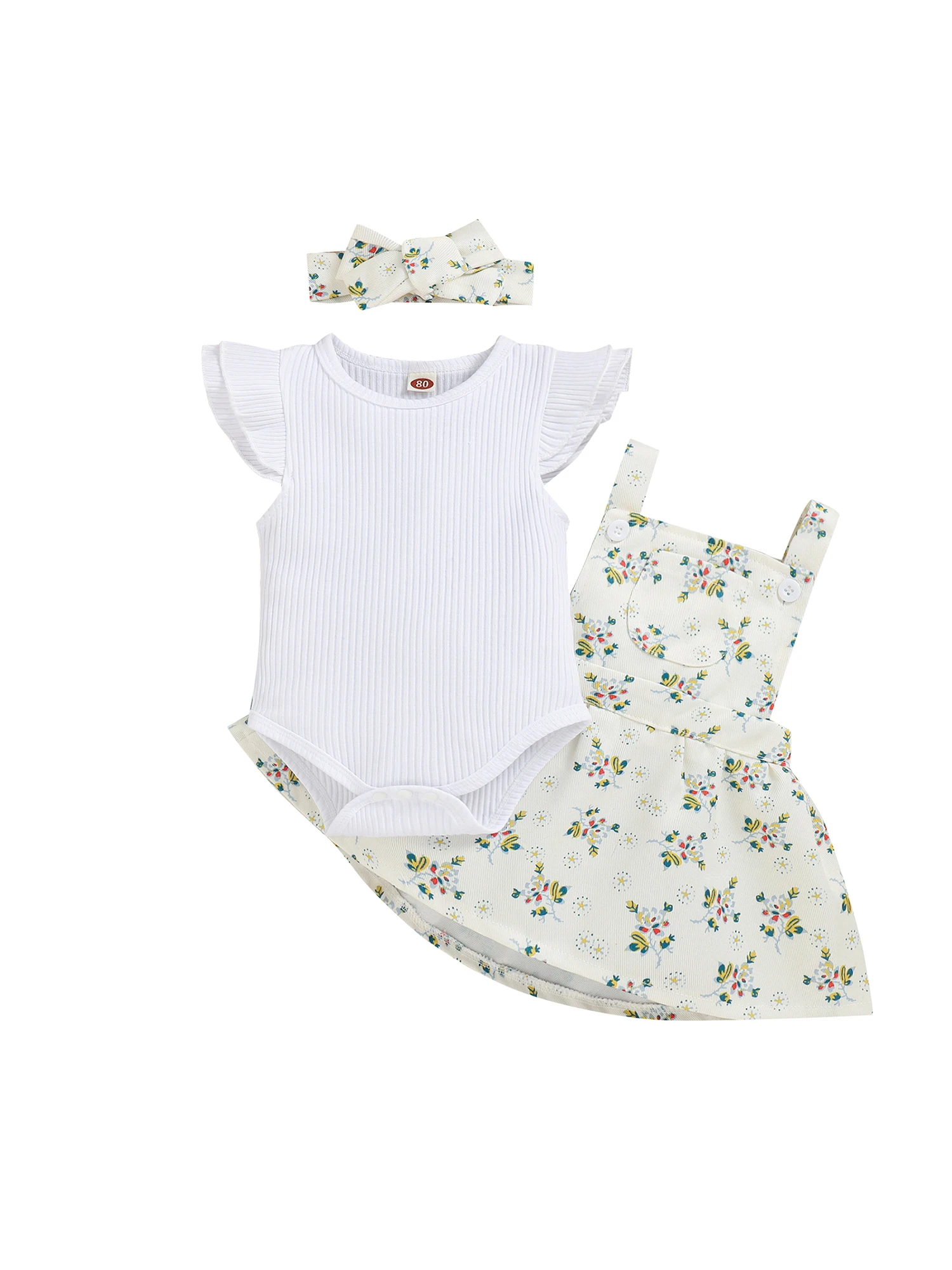 

3 шт./комплект, детский трикотажный комбинезон с короткими рукавами и цветочной юбкой на подтяжках