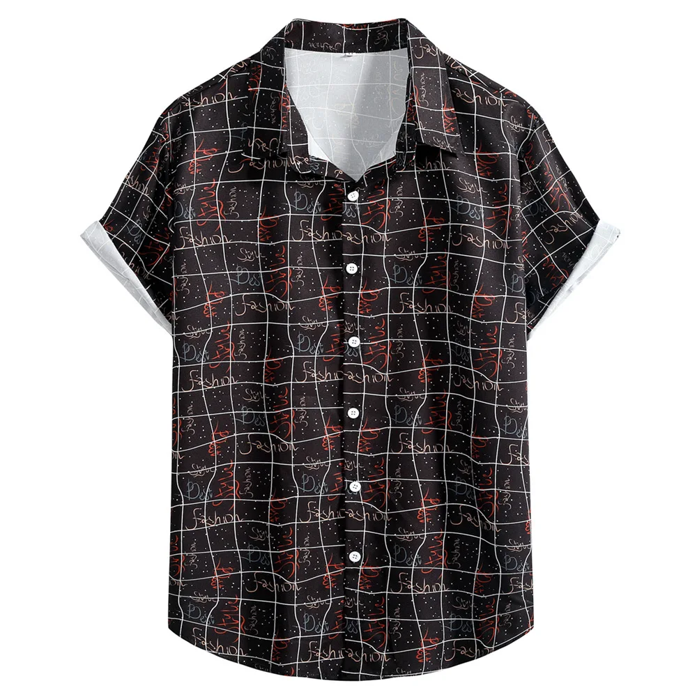 

2023 New Mens Shirts Twisted Lattice Digital Printing Black Man Short Sleeve Tops Male Hawaiian Beach Shirt Thin Summer Casual