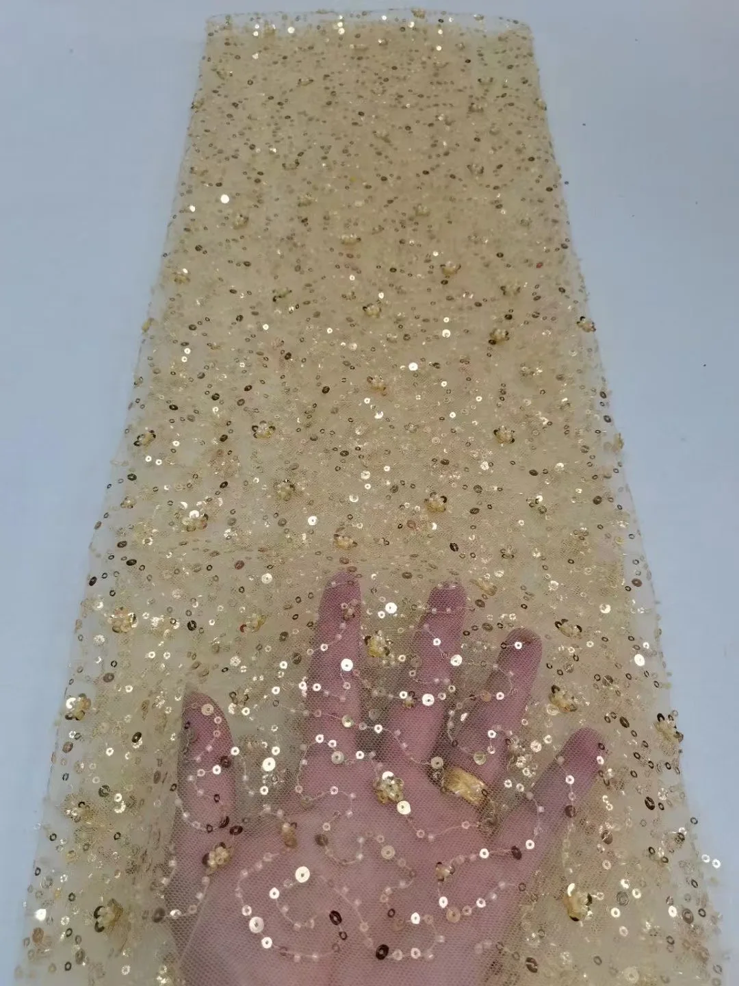 

2023 New African pearl tube sequin embroidery wedding dress fabric Children's dress lace mesh fabric