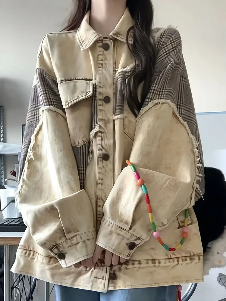 Куртка женская джинсовая в клетку Асимметричная Повседневная Свободная