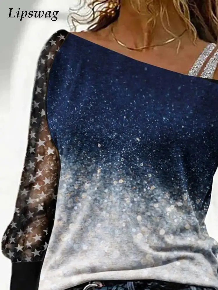 

Женская сетчатая блузка с длинным рукавом, повседневный винтажный пуловер с открытыми плечами в стиле пэчворк, весна-лето 2022