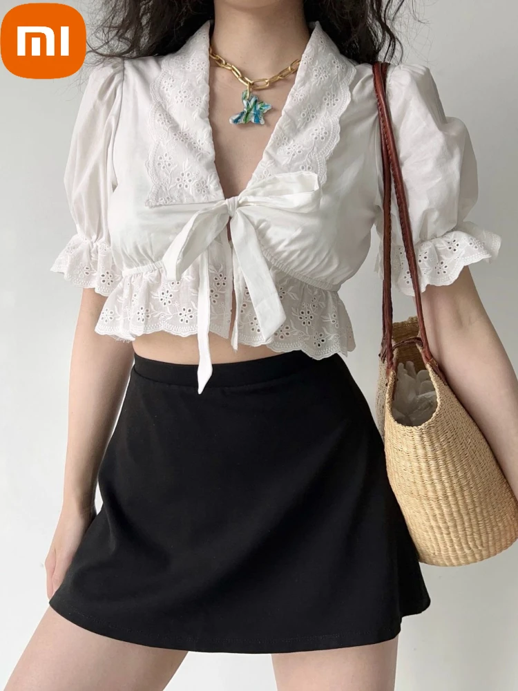 

Женская кружевная блузка Xiaomi, белая блузка с коротким рукавом-фонариком и воротником «Питер Пэн», милый пикантный топ на лето