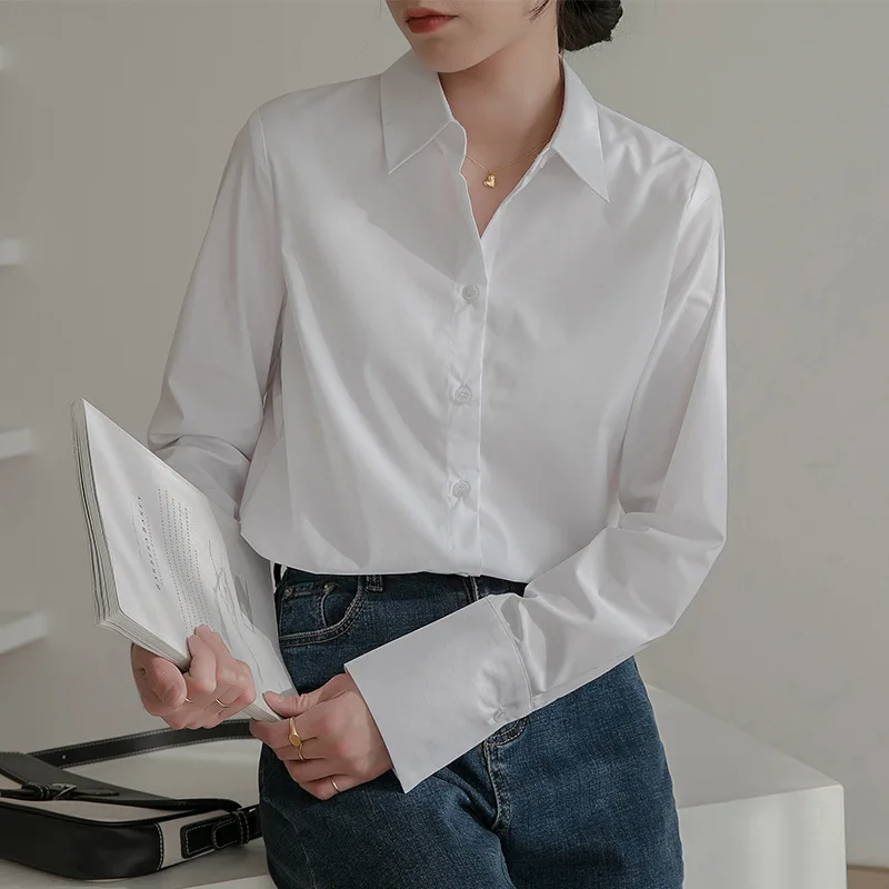 

White Cotton Blouse Women Spring Autumn Fashion Turn-down Collar Long Sleeve Irregular Hem Loose Tops Woman Office Career Shirts