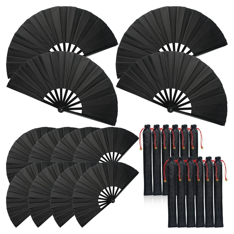 

12 Sets Large Folding Fan With Sleeves Silk Hand Fan Chinese Kung Fu Taichi Handheld Fan Folding Dancing Prop