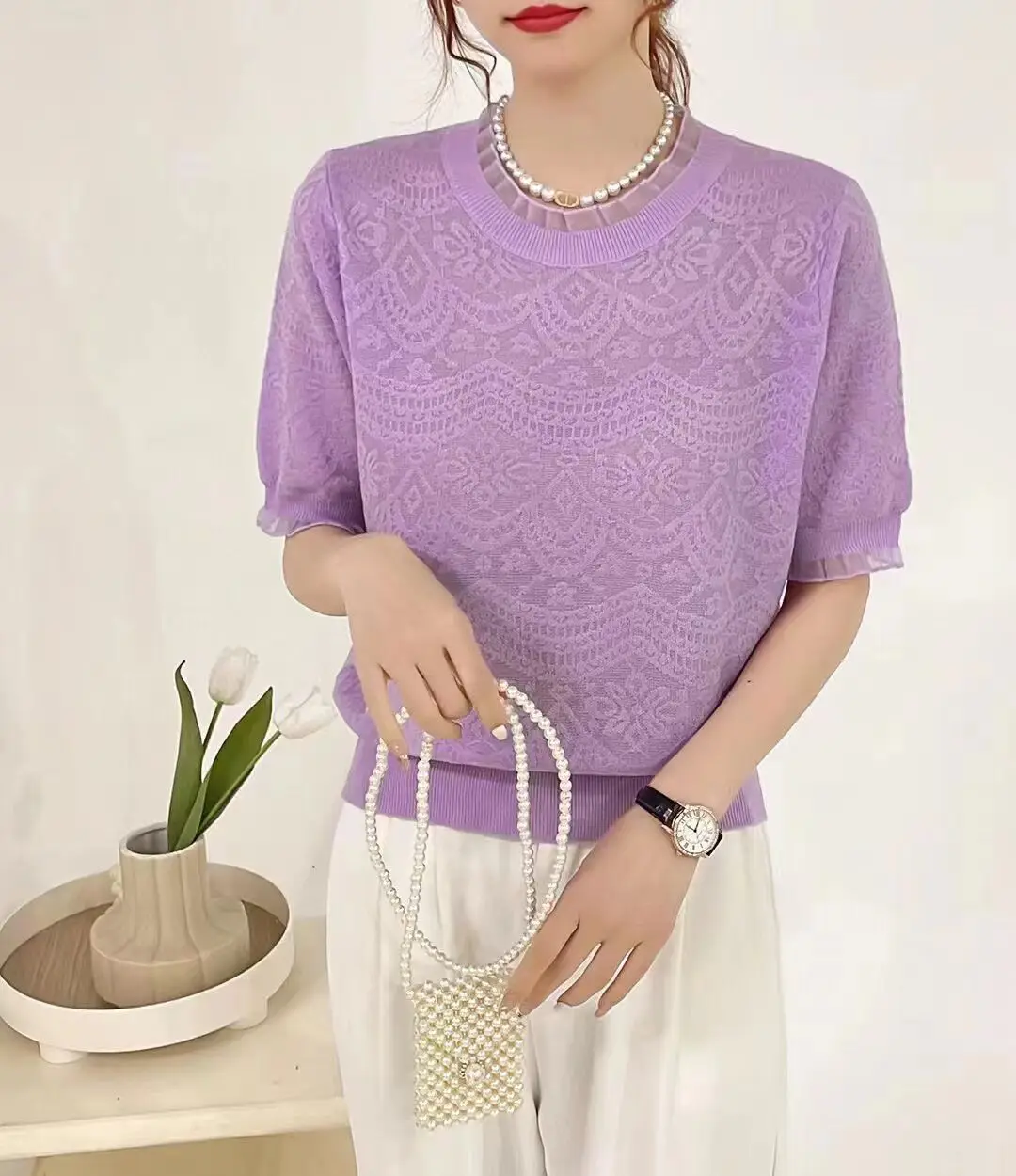 

Women's Wool Knit Tees 2023 Summer Lace Patchwork Knitwear Elegant Short Sleeve Knit T Shirts Female Thin Knit Blouse Tops